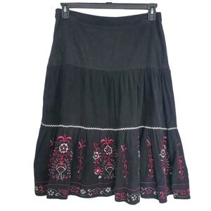 Vtg Gadzooks Y2K Corduroy Tiered Embroidered Midi Skirt Black‎ Floral Sequin Med